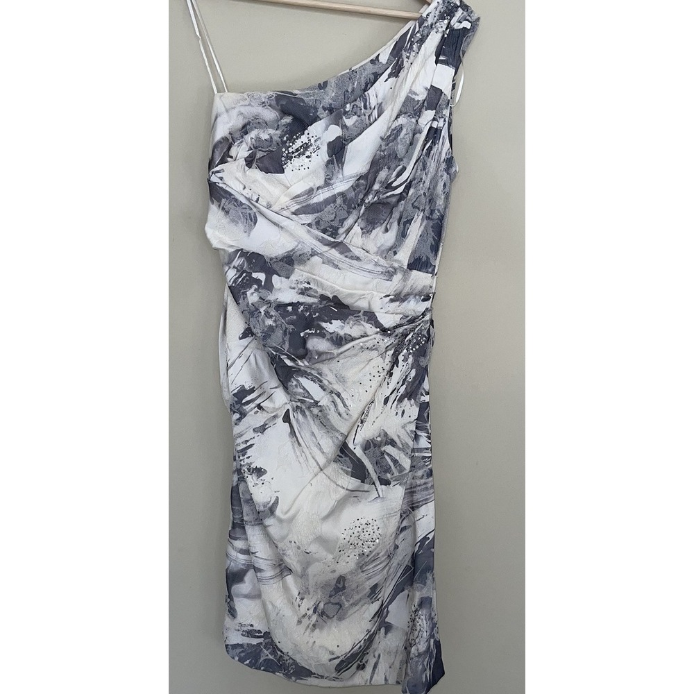 Theia Couture One Shoulder Ruched & Beaded Cocktail Dress Size 8 Ivory/Gray - Picture 2 of 10